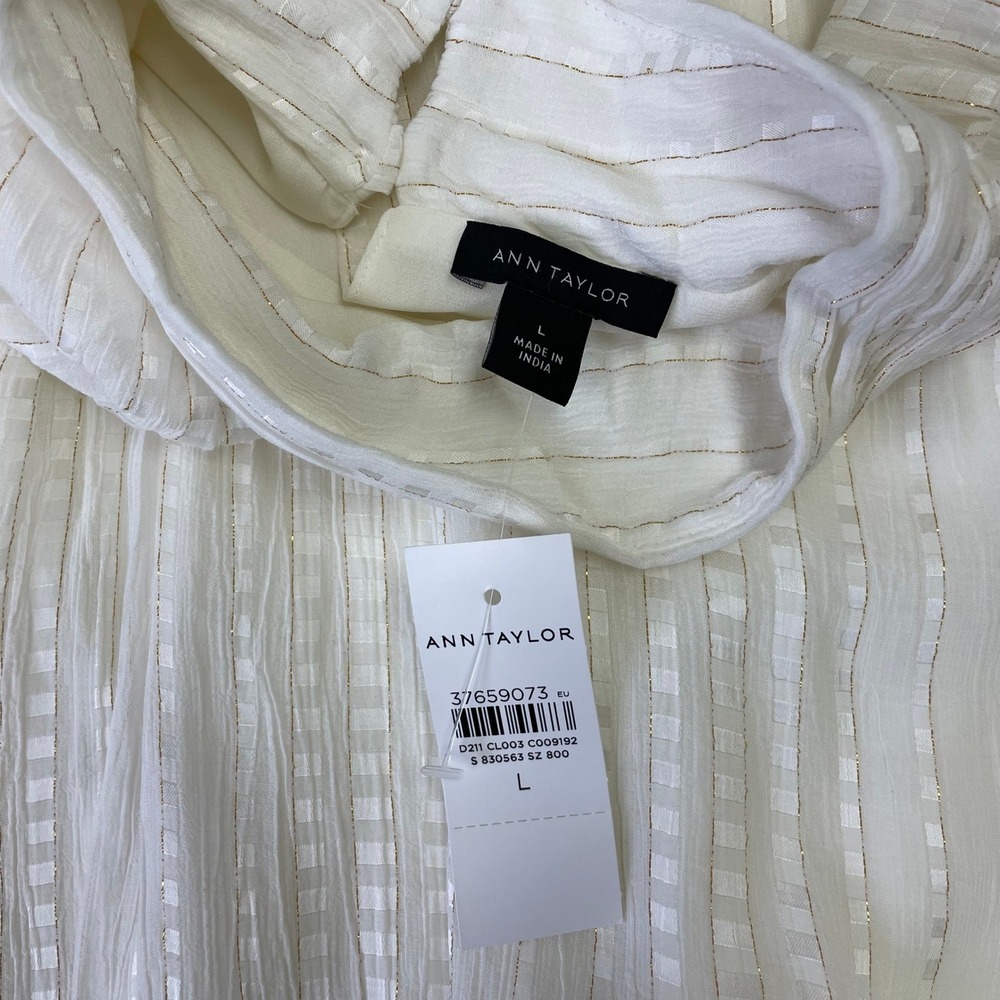 NEW Ann Taylor White Gold Metallic Stripe Mock Neck Blouse Large Bohemian - Picture 10 of 16
